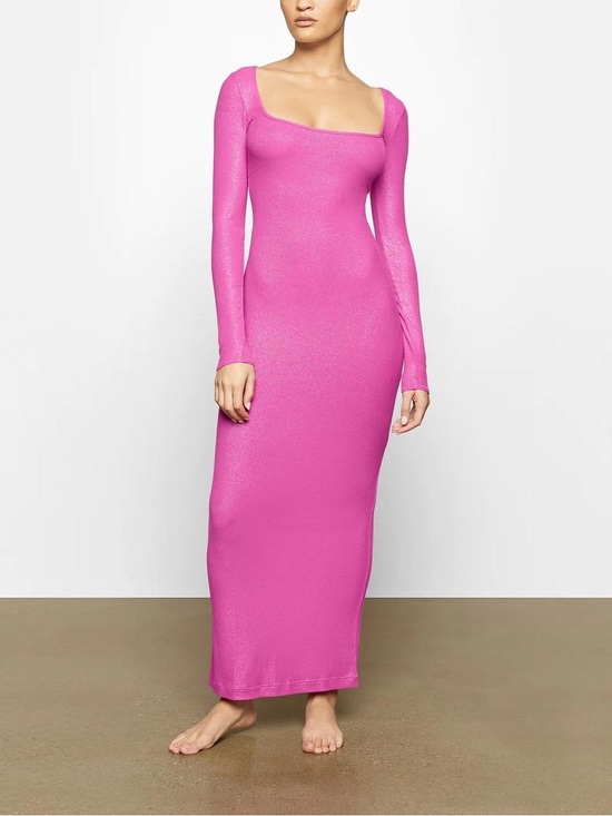 SKIMS Dresses & Skirts - SKIMS Soft Lounge Long Sleeve Maxi Dress Large Fuchsia Foil Metallic Large Rare